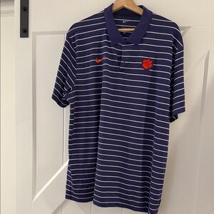 Nike Men's Purple and White Striped Polo Shirt Clemson Logo